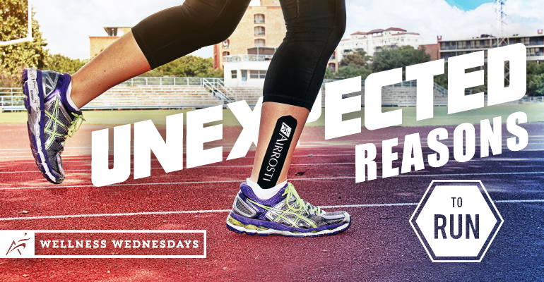 legs running on track with sneakers and black airrosti k-tape and white text that reads "Unexpected Reasons to Run"