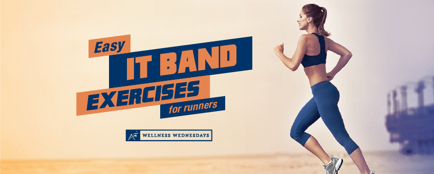 woman in sports bra and leggings running on beach with text in orange and blue that reads Wellness Wednesday: Easy IT Band Exercises for Runners