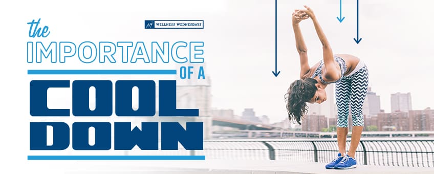 woman wearing cool leggings stretching with next that reads "the importance of a cool down"