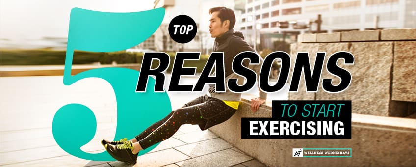 photo of man doing tricep dips in the middle of the city. Text reads "top 5 reasons to start exercising"