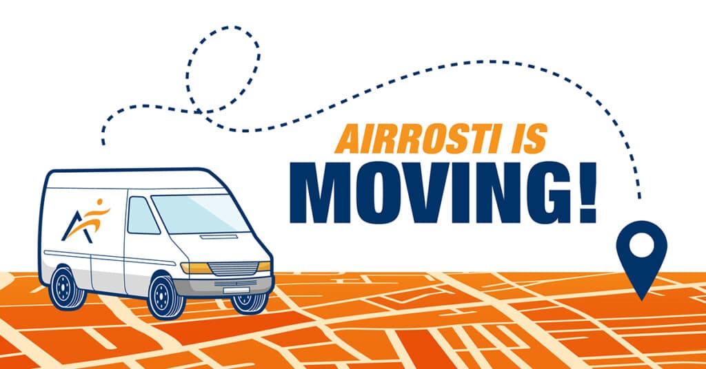 A graphic of an Airrosti branded van with a map pin and lines indicating movement. The text over the image says,