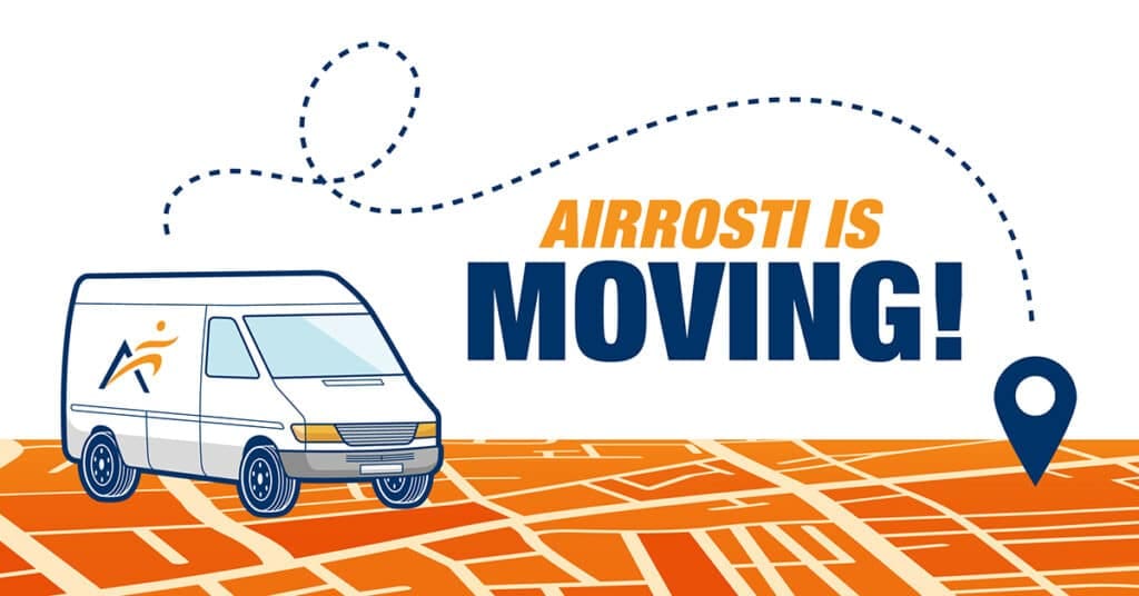 A graphic of an Airrosti branded van with a map pin and lines indicating movement. The text over the image says,