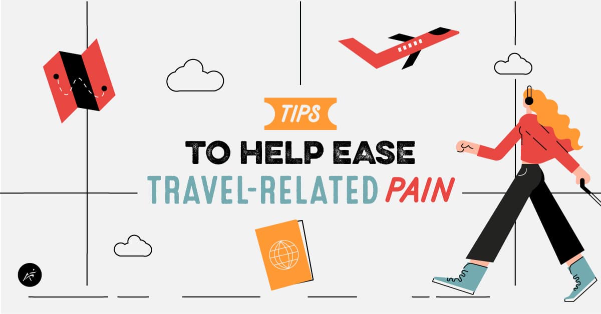 Tips to Help Ease Travel-Pain | A white, red, and orange digital Illustration of a woman walking through an airport with a luggage with the title "Tips to Help Ease Travel-Pain" in the center of the graphic