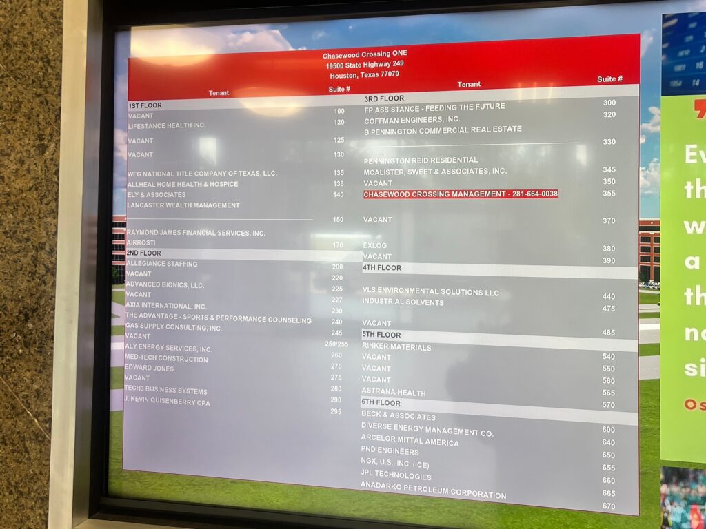 Main building directory at Airrosti Willowbrook