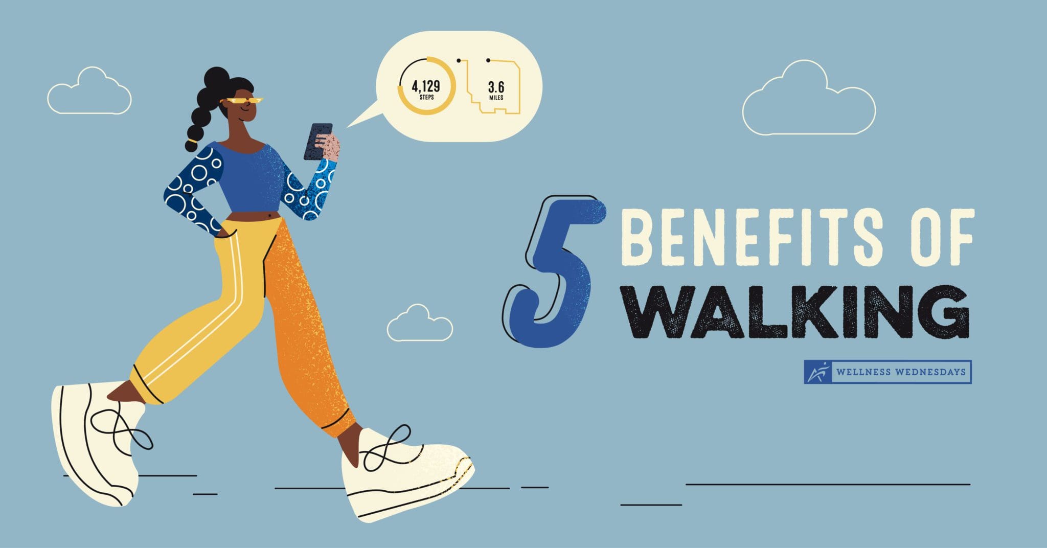 5 Benefits of Walking | A yellow, orange, and blue digital Illustration of a woman walking with a cellphone showing her tracking her walking distance and speed with the title "5 Benefits of Walking" on the right made for Airrosti's Wellness Wednesday Series