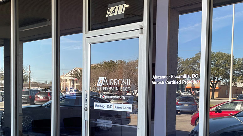 The front entrance to Airrosti Bellaire outside the city center of Houston, Texas.