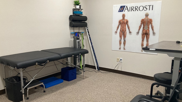 Inside the recovery room at Airrosti North Richland Hills in Dallas, TX, patients will work with their Airrosti Certified Recovery Specialist to develop and learn their individualized at-home physical care routine to promote and maintain long-term MSK health.