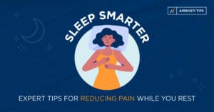Sleep Smarter Reduce Pain | A dark blue digital illustration showing a woman laying down and sleeping with the text "Sleep Smarter: Expert Tips for Reducing Pain While You Rest" around the woman and is a part of the "Airrosti Tips" Series