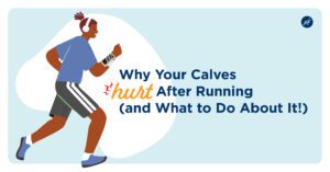 Character running with headphones blue words explaining calf pain for runners