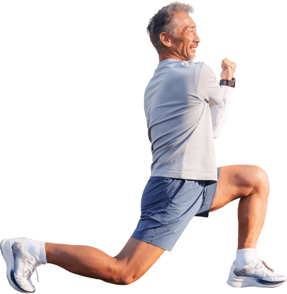 Man kneeling in a stretching position while also stretching with his arm across his body