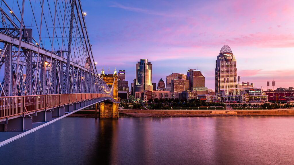 Cincinnati downtown riverfront arial view