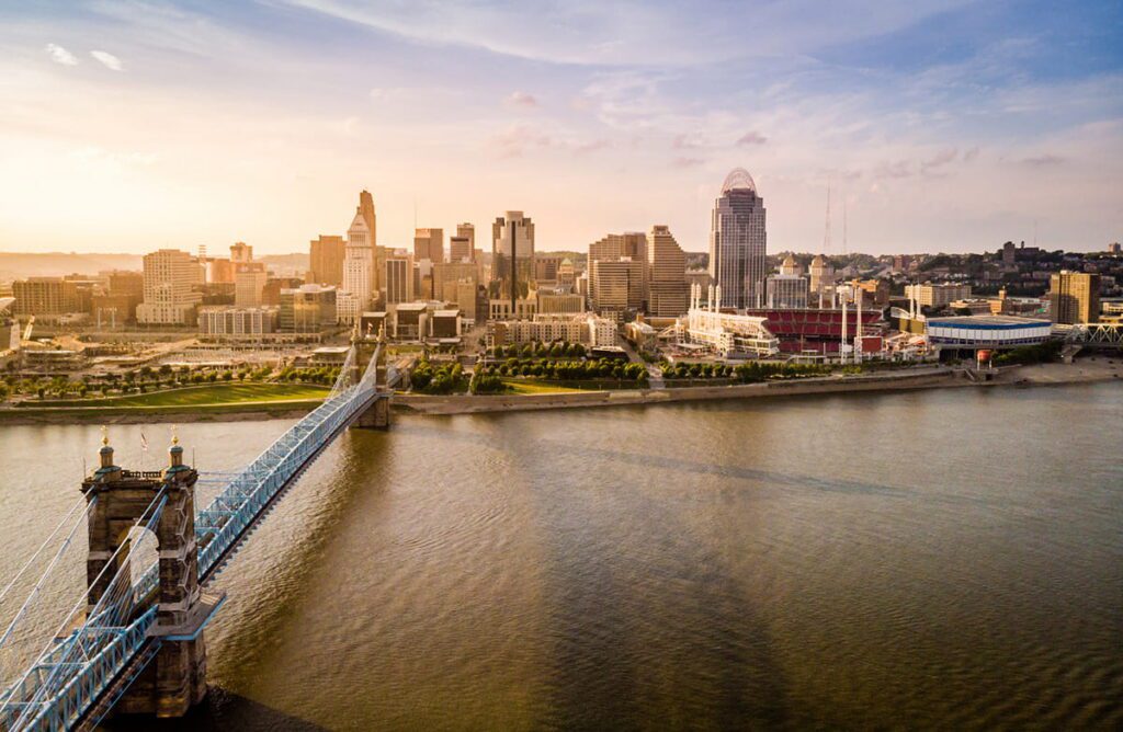 Cincinnati downtown riverfront arial view